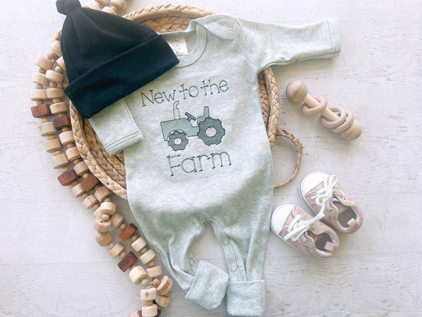 Baby Sage Romper | Baby Boy Outfit - Tractor New To The Farm - Tiny Tots Boutique