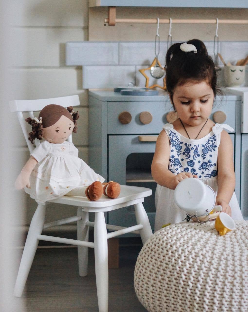 Cecilia Dk. Brown Hair in Cream Linen Dress with Display Box - Tiny Tots Boutique