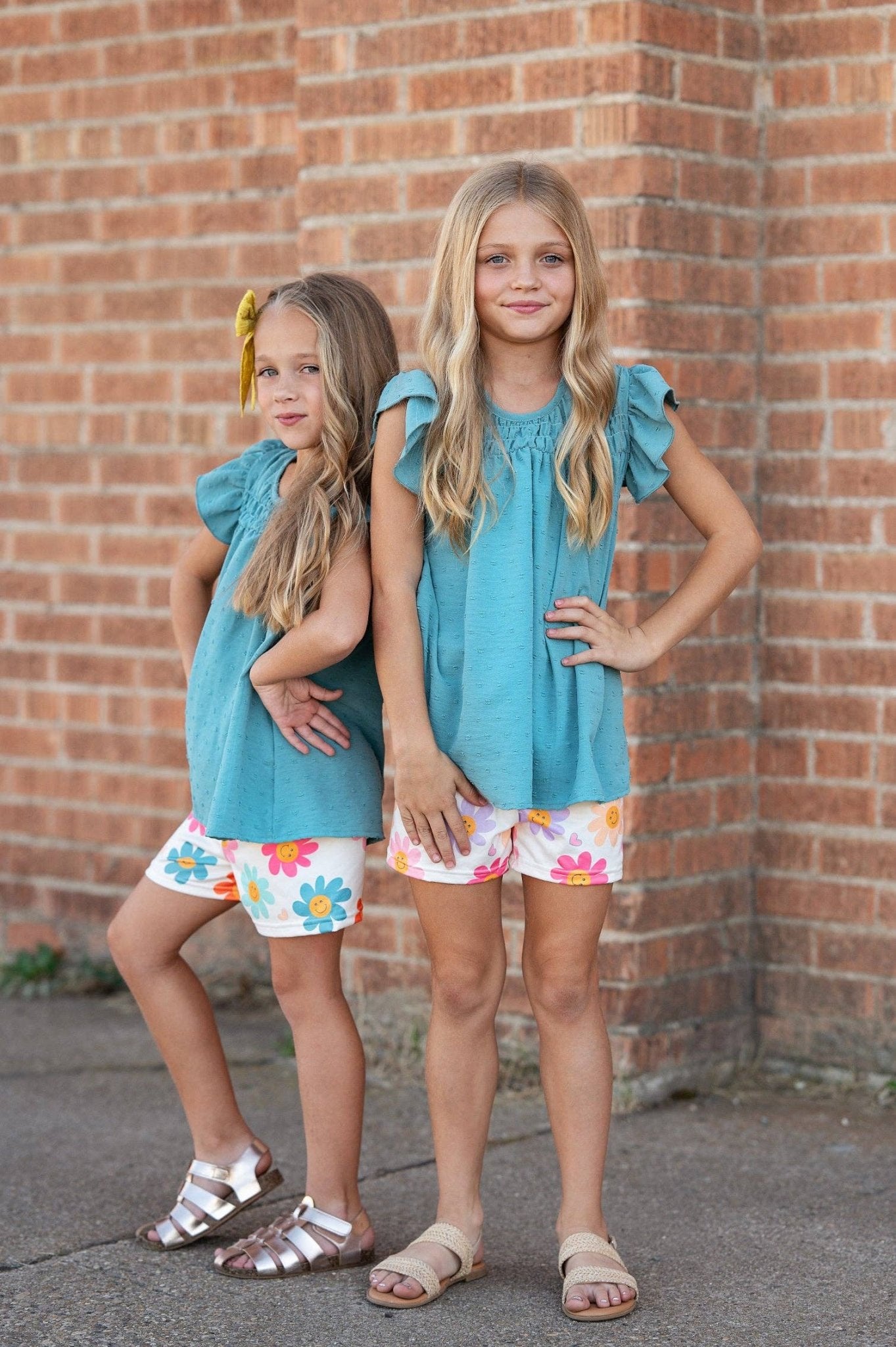 Girls Teal Retro Happy Flower Spring Summer Short Set - Tiny Tots Boutique