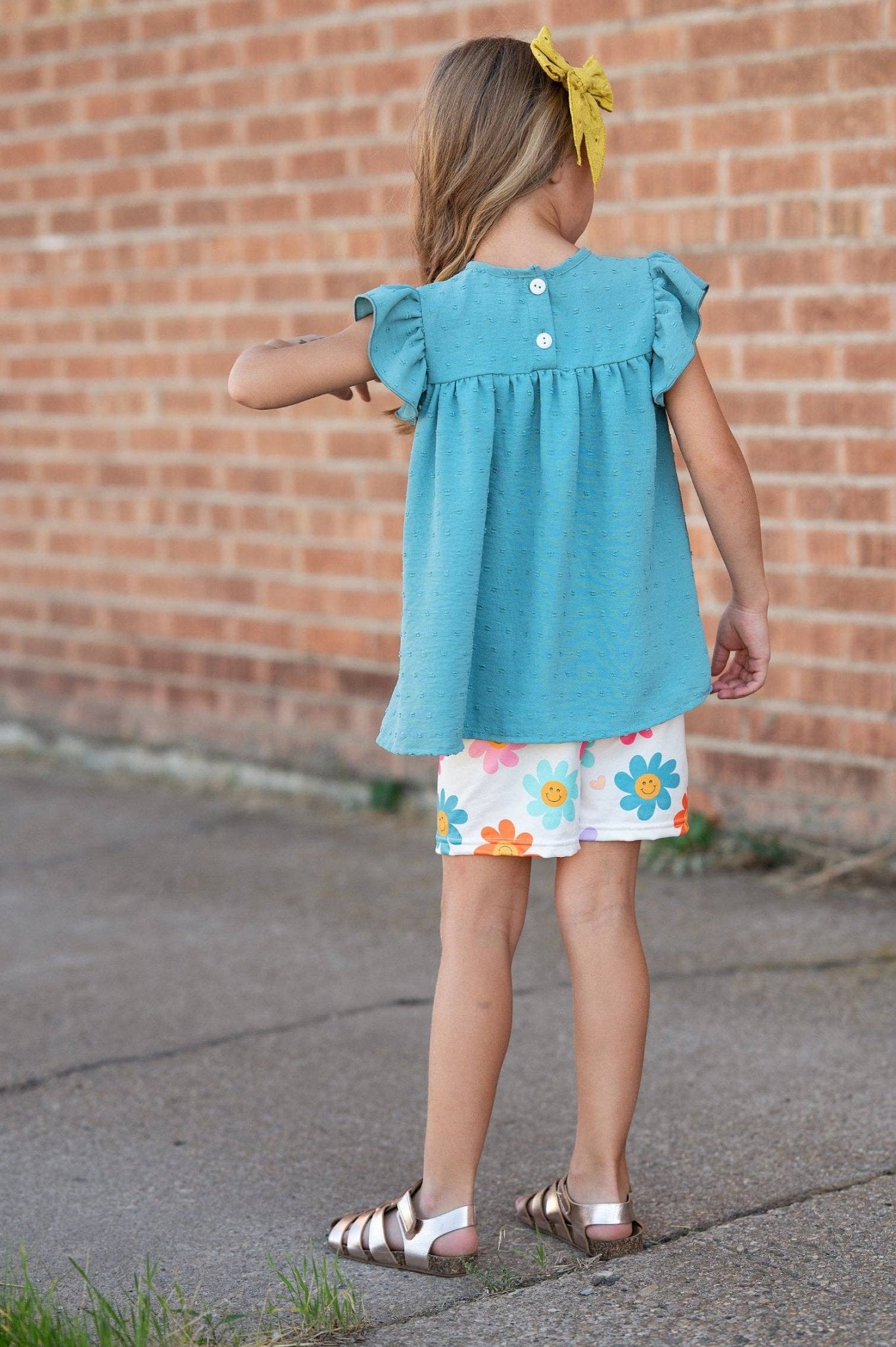 Girls Teal Retro Happy Flower Spring Summer Short Set - Tiny Tots Boutique