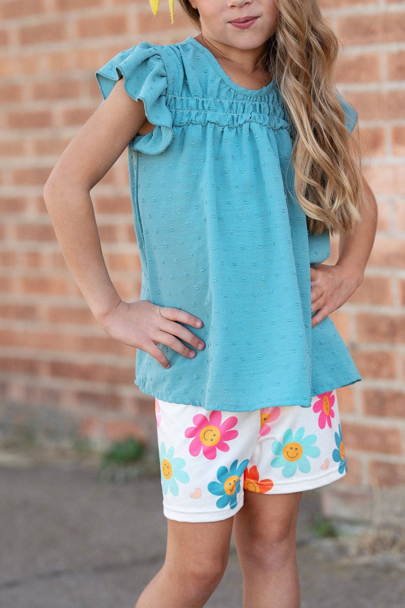 Girls Teal Retro Happy Flower Spring Summer Short Set - Tiny Tots Boutique