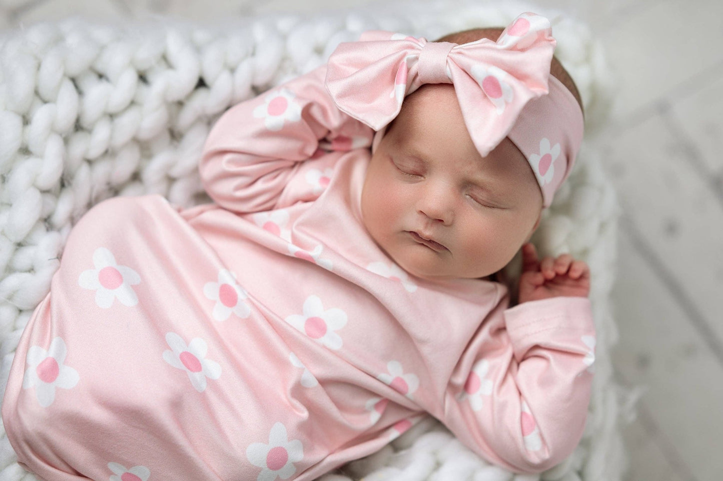 Infant Girls Pink Dainty Flower Baby Gown and Bow Headband - Tiny Tots Boutique