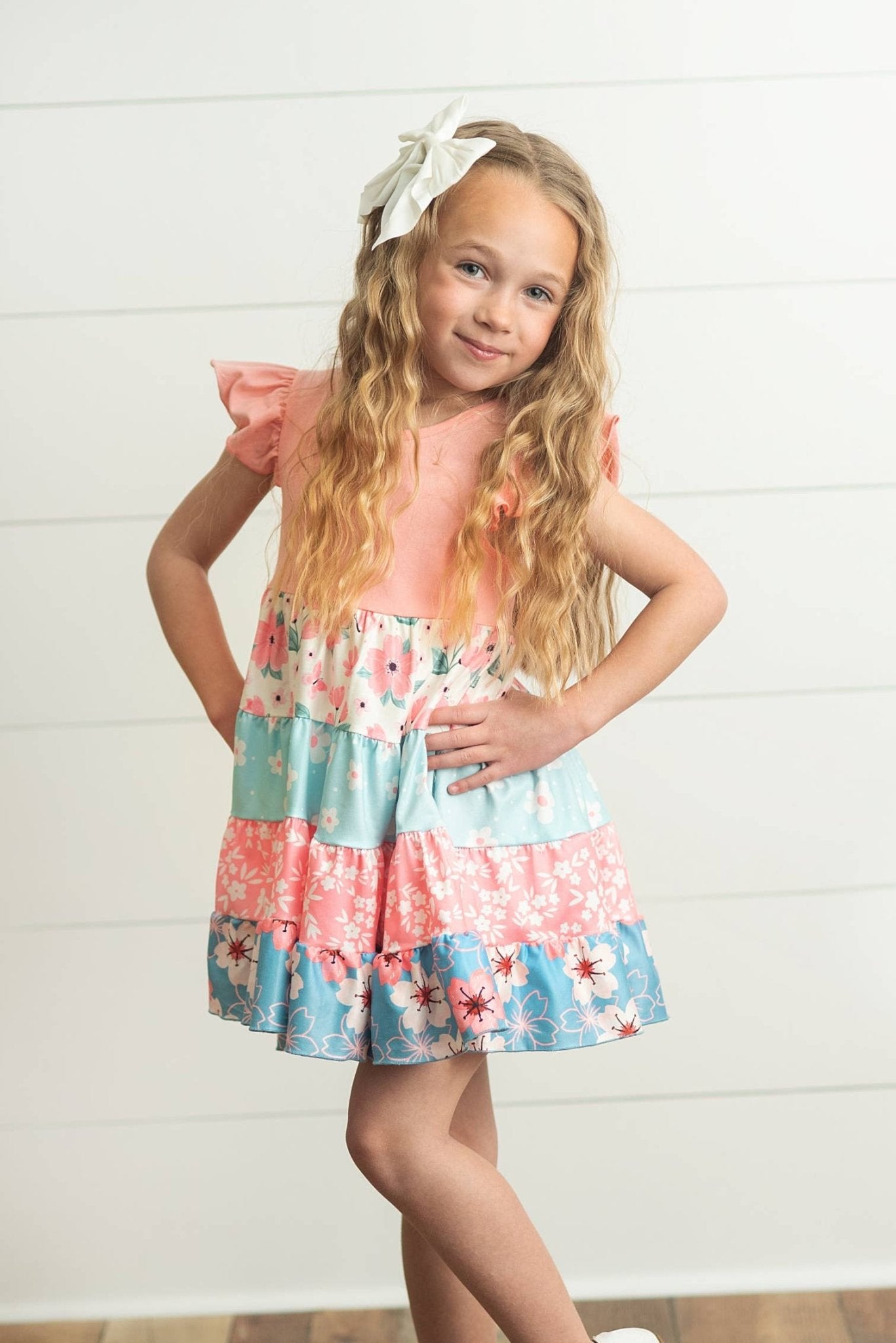 Kids Blue & Pink Mixed Floral Print Tiered Easter Dress - Tiny Tots Boutique