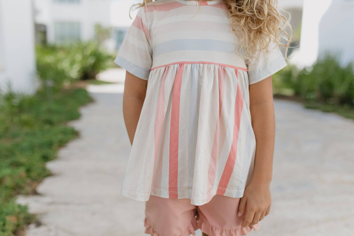 Kids Sand & Blush Stripe Pocket Ruffle Summer Short Set - Tiny Tots Boutique