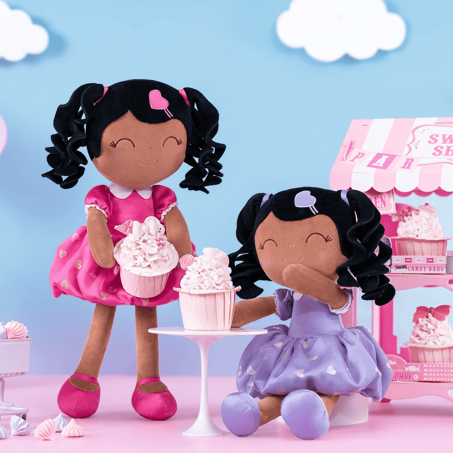 Personalized African American Plush Doll – Black Curly Hair with a Lilac Dress - Tiny Tots Boutique