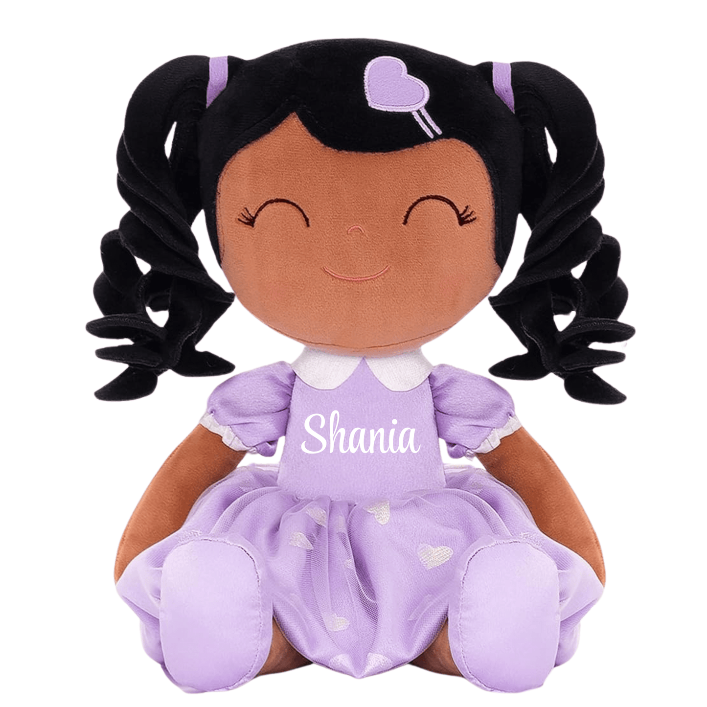 Personalized African American Plush Doll – Black Curly Hair with a Lilac Dress - Tiny Tots Boutique