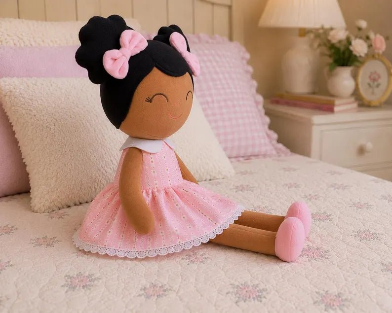 Personalized African American Plush Doll โ Black Hair with a Pastel Pink Dress - Tiny Tots Boutique