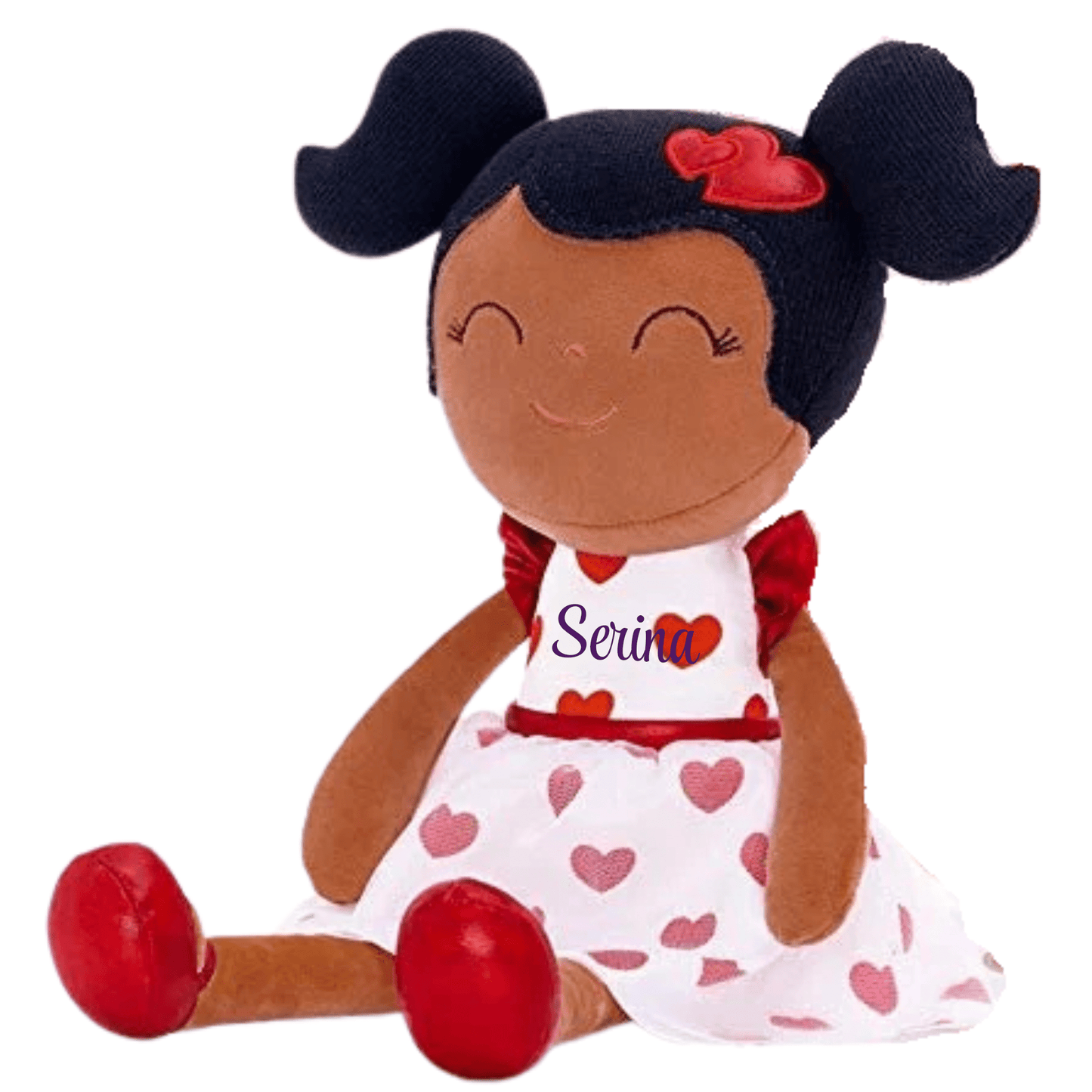 Personalized African American Plush Doll – Black Hair with a Red Heart Dress - Tiny Tots Boutique