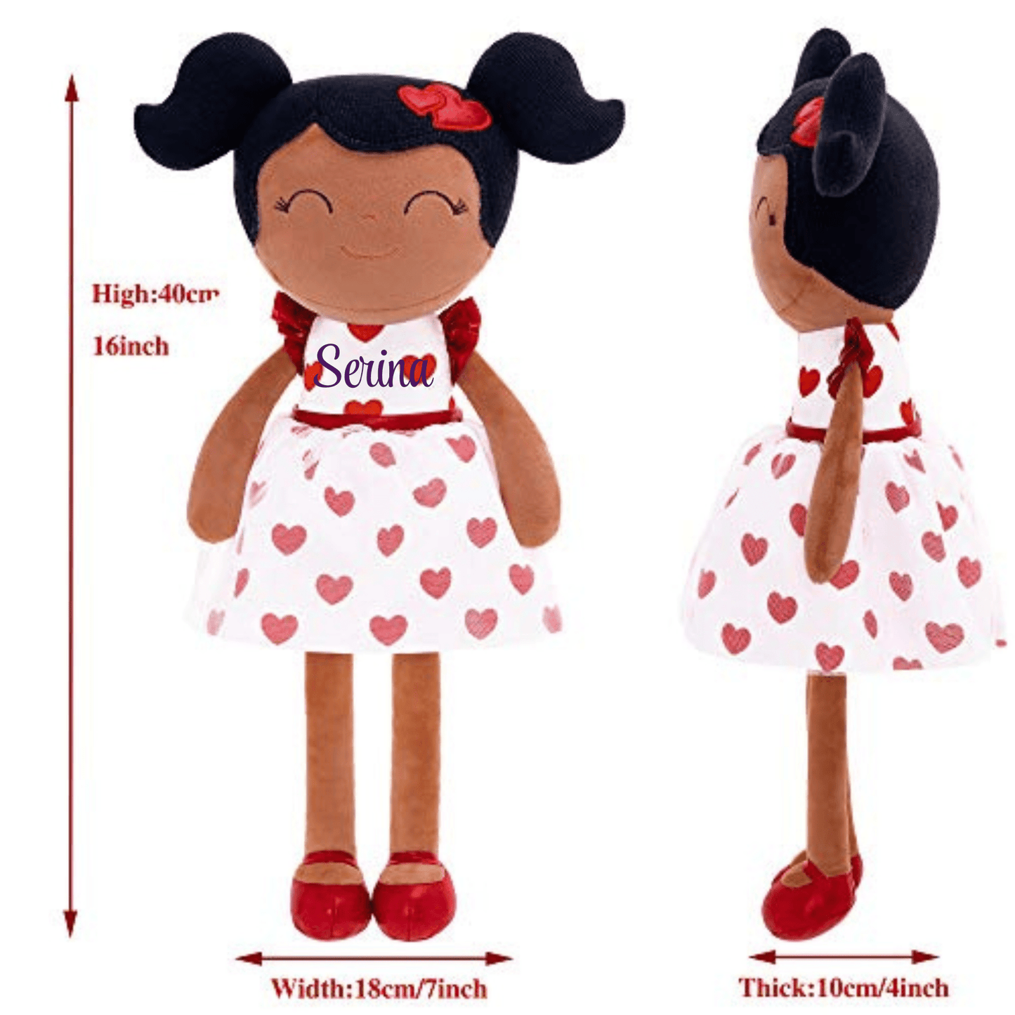 Personalized African American Plush Doll – Black Hair with a Red Heart Dress - Tiny Tots Boutique