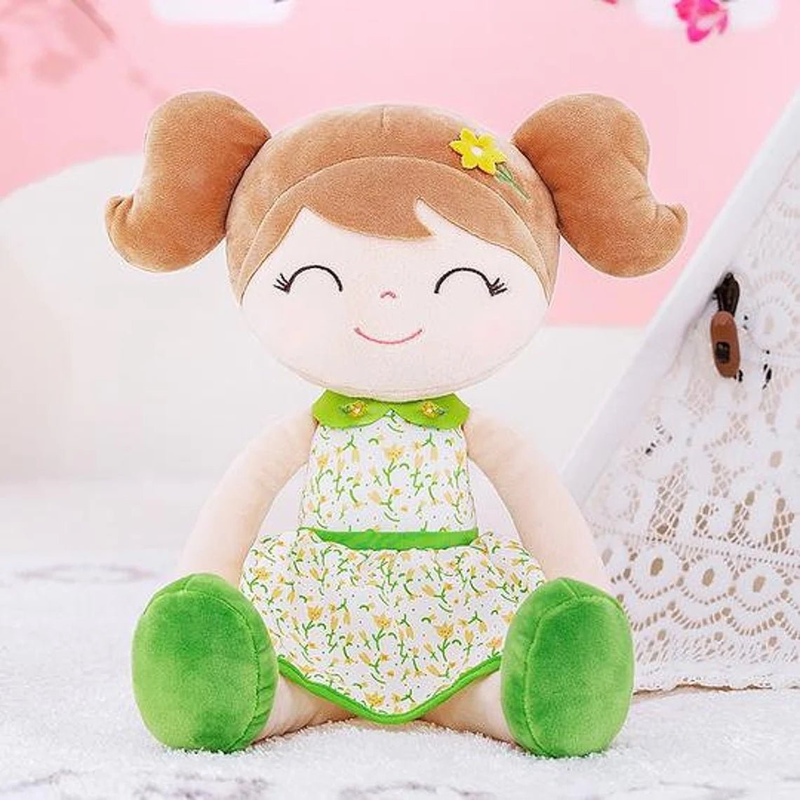 Personalized Fairy Plush Doll – Light Brown Hair with a Green Flower Dress - Tiny Tots Boutique