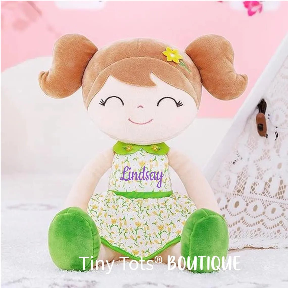 Personalized Fairy Plush Doll – Light Brown Hair with a Green Flower Dress - Tiny Tots Boutique