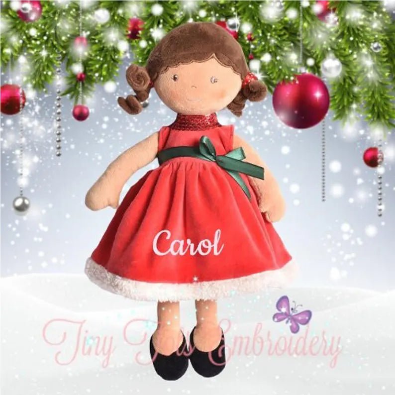 Personalized Holiday Plush Doll – Red Sequin Velvet Dress - Brown Hair - Tiny Tots Boutique