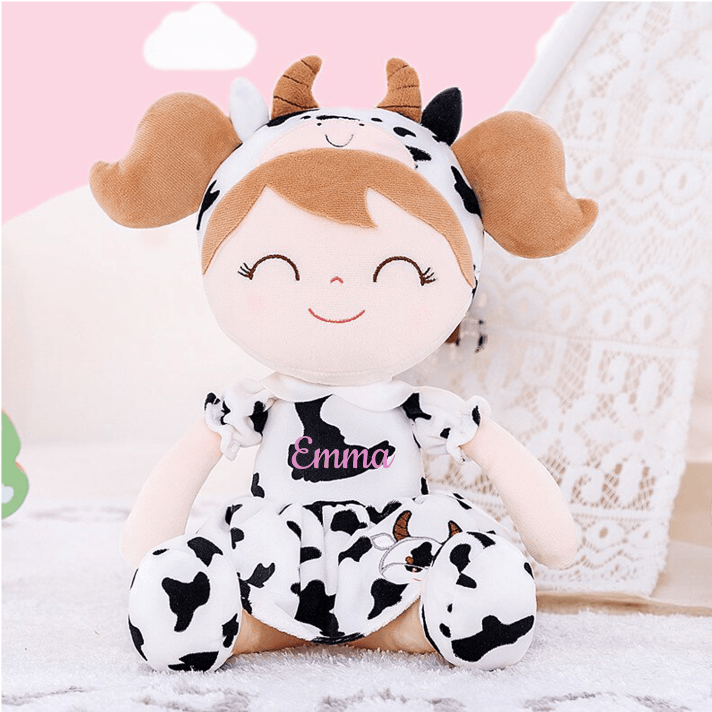 Personalized Plush Cow Doll – Light Brown Hair with a Cow Print Dress - Tiny Tots Boutique