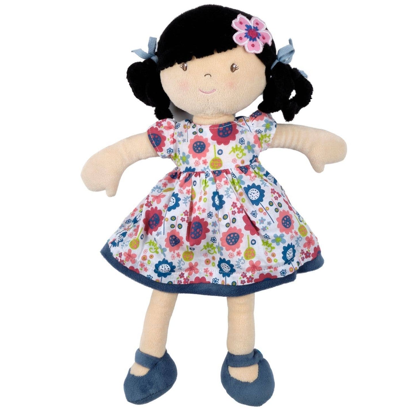 Personalized Plush Doll - Black Hair with Blue Floral Dress - Lilac - Tiny Tots Boutique