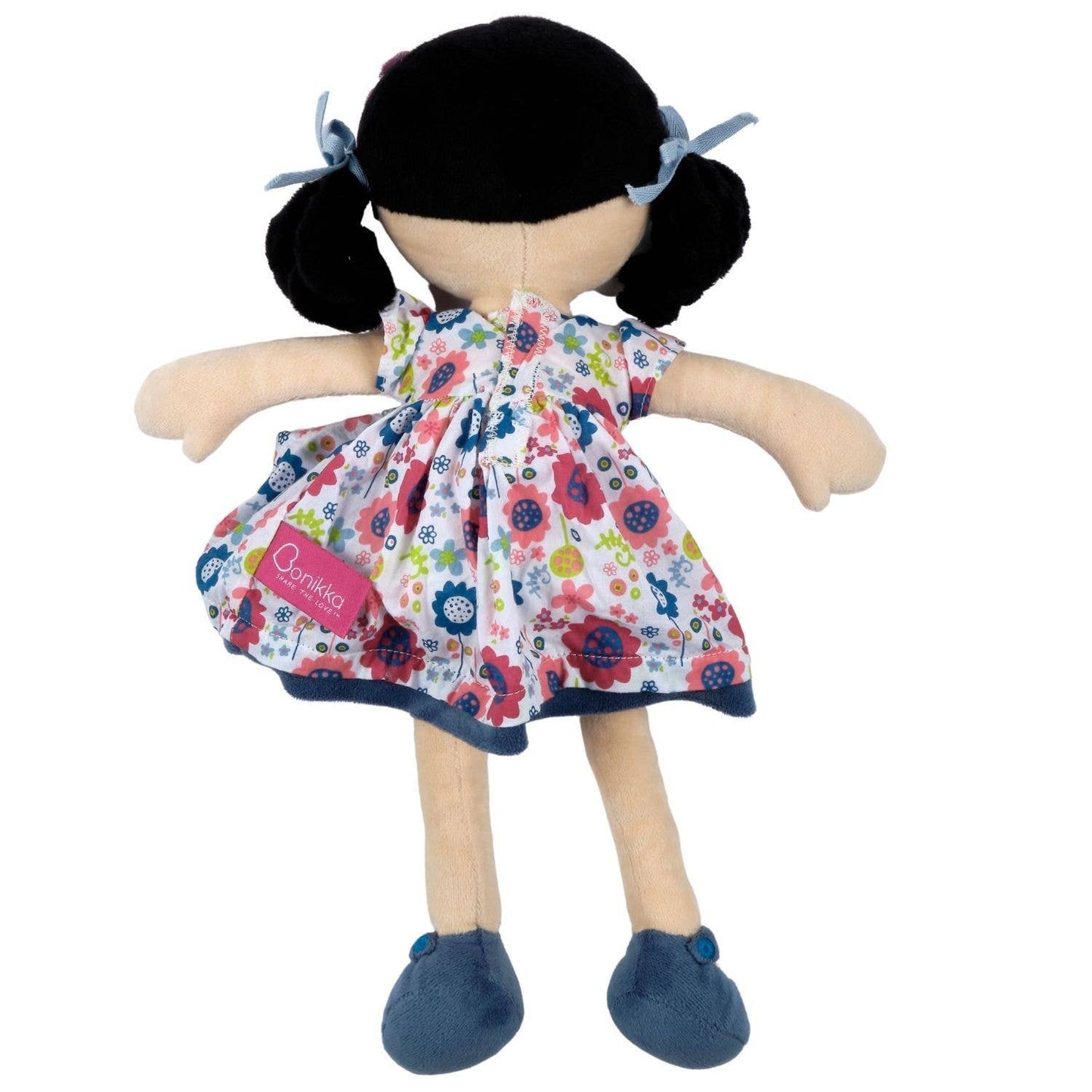 Personalized Plush Doll - Black Hair with Blue Floral Dress - Lilac - Tiny Tots Boutique