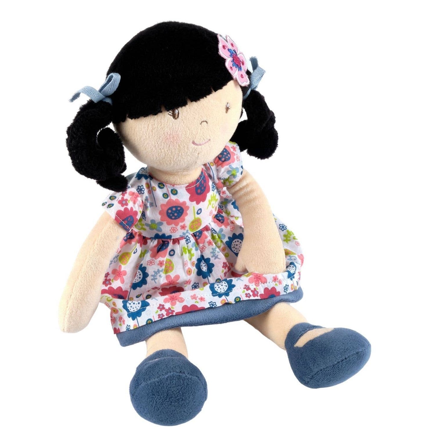 Personalized Plush Doll - Black Hair with Blue Floral Dress - Lilac - Tiny Tots Boutique
