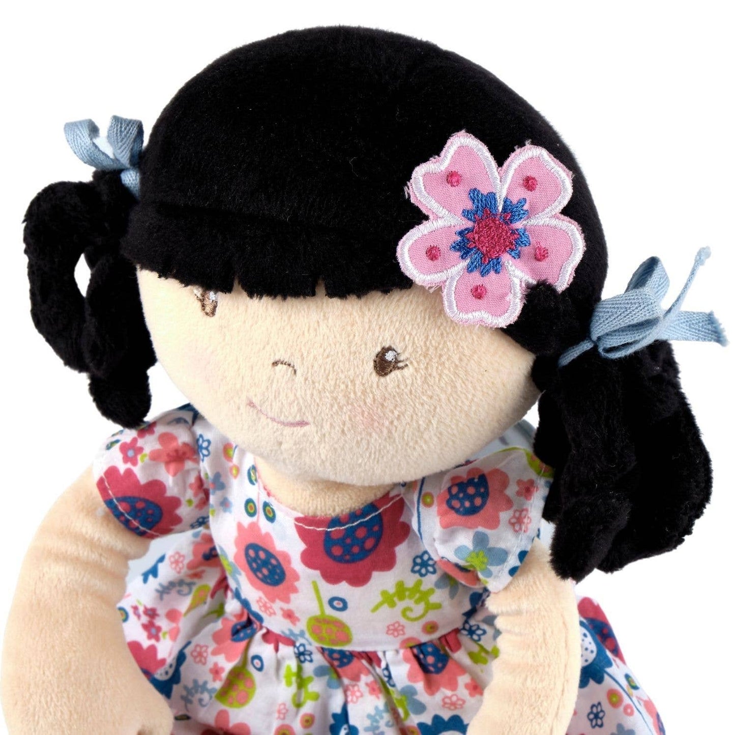 Personalized Plush Doll - Black Hair with Blue Floral Dress - Lilac - Tiny Tots Boutique