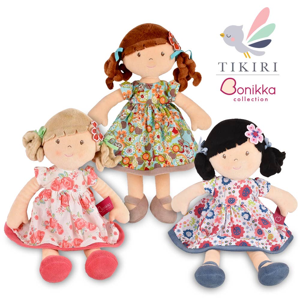 Personalized Plush Doll - Black Hair with Blue Floral Dress - Lilac - Tiny Tots Boutique