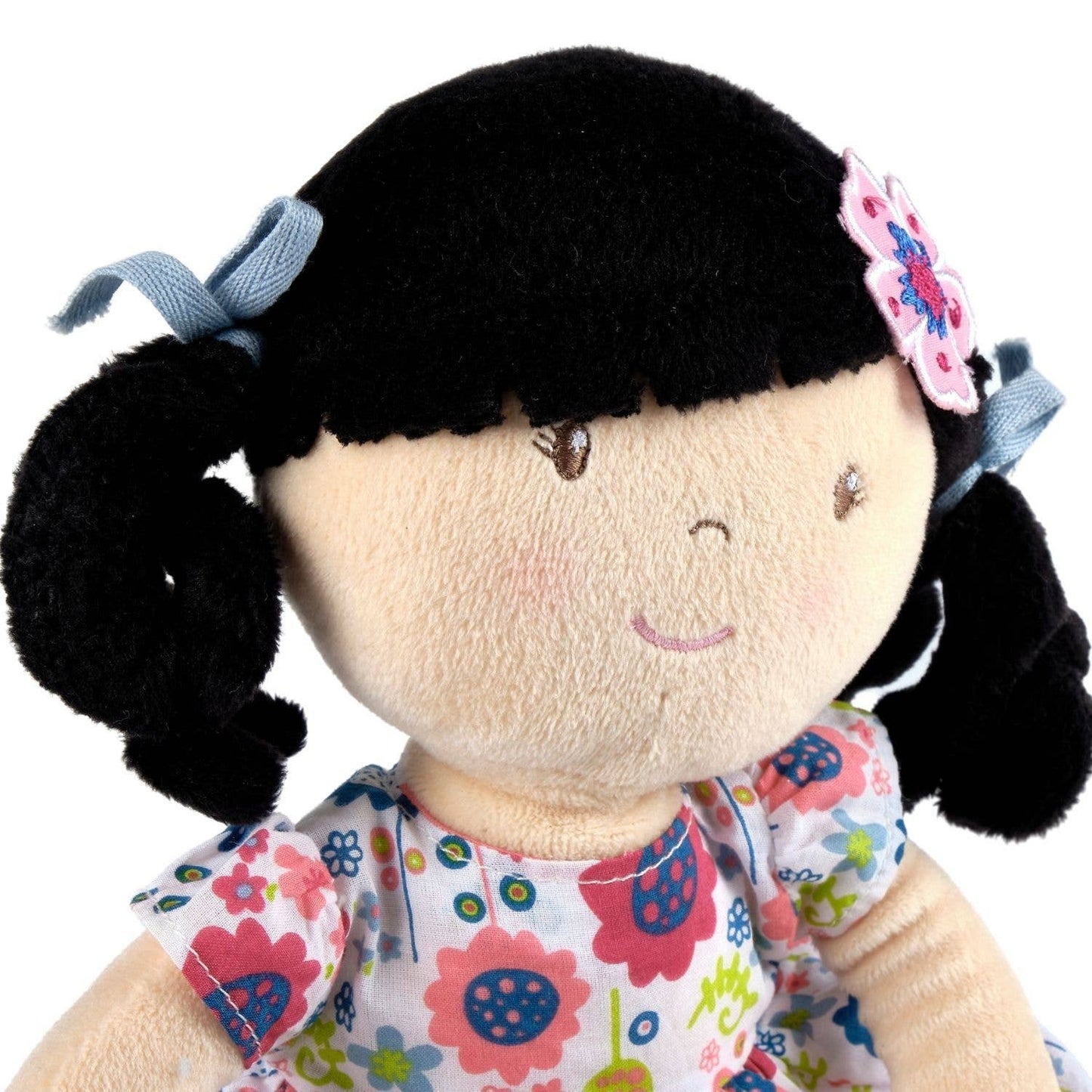 Personalized Plush Doll - Black Hair with Blue Floral Dress - Lilac - Tiny Tots Boutique