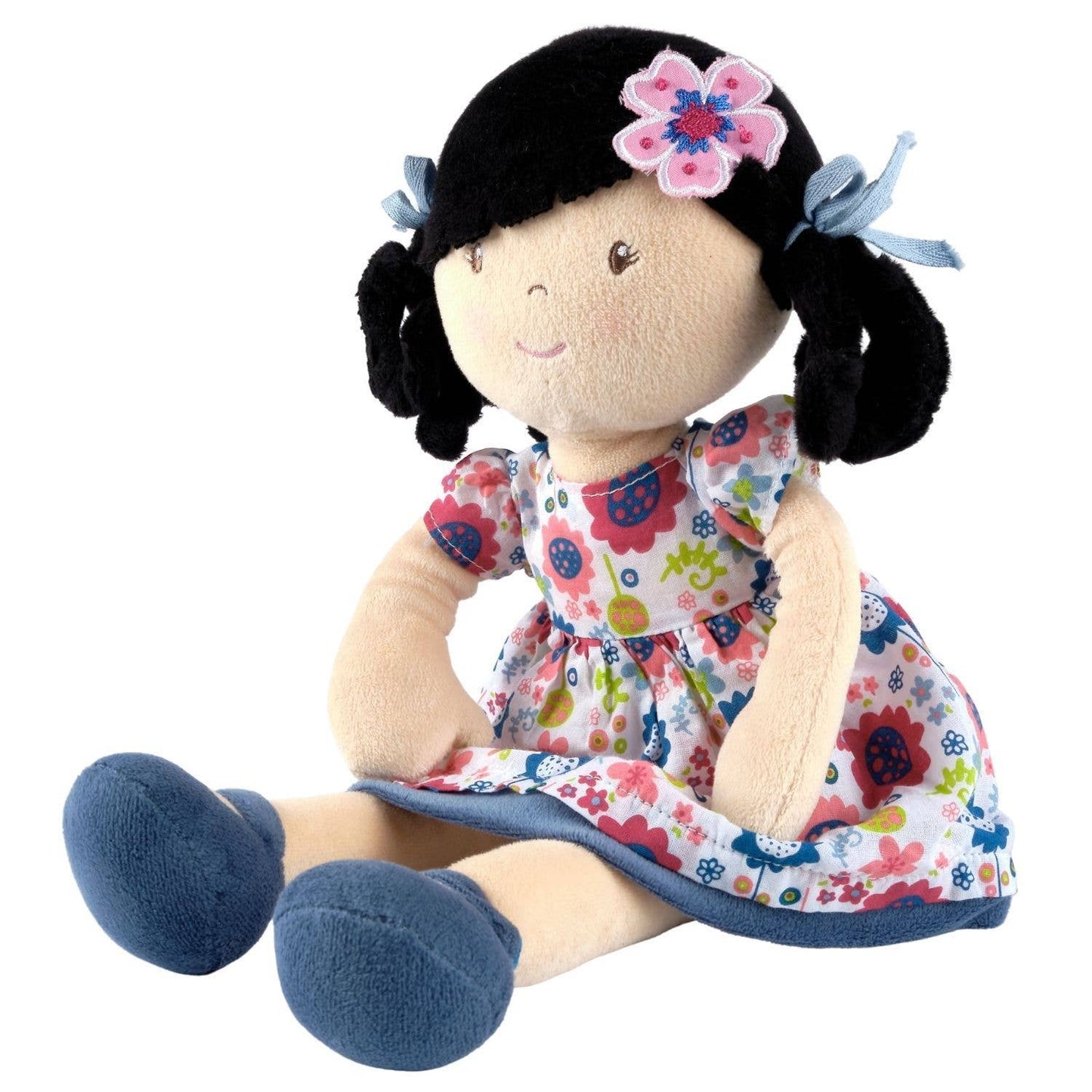 Personalized Plush Doll - Black Hair with Blue Floral Dress - Lilac - Tiny Tots Boutique