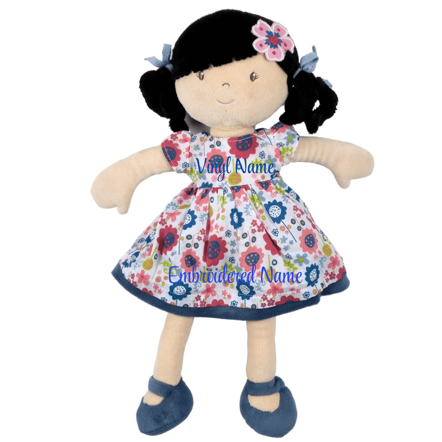 Personalized Plush Doll - Black Hair with Blue Floral Dress - Lilac - Tiny Tots Boutique