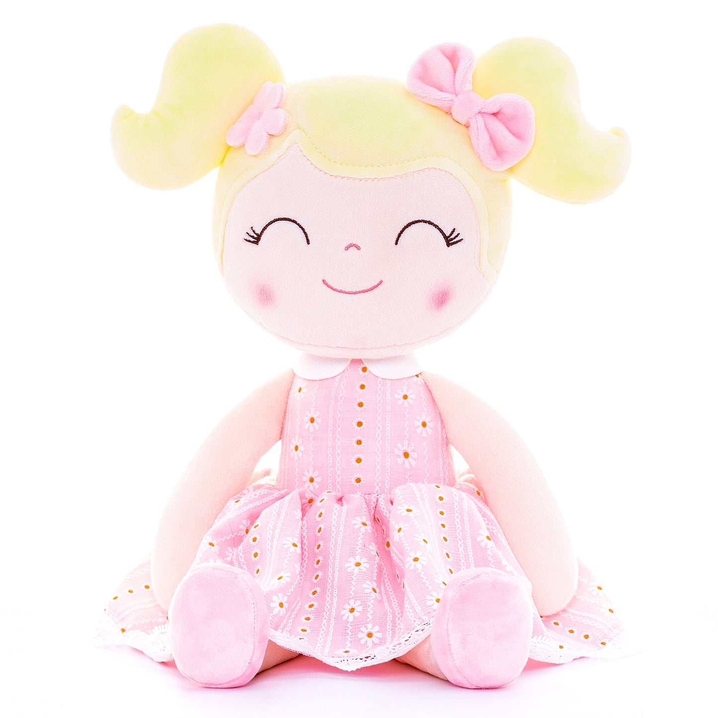 Personalized Plush Doll – Blonde Hair with a Pastel Pink Dress - Tiny Tots Boutique
