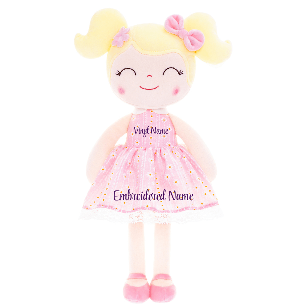Personalized Plush Doll – Blonde Hair with a Pastel Pink Dress - Tiny Tots Boutique