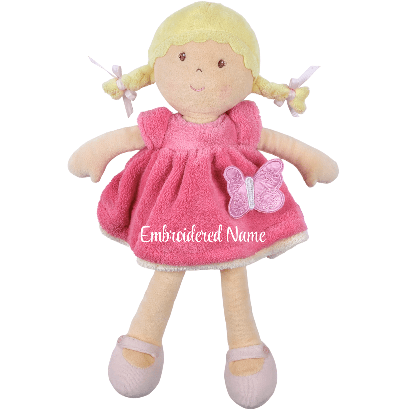 Personalized Plush Doll - Blonde Hair with a Pink Plush Dress - Ria - Tiny Tots Boutique
