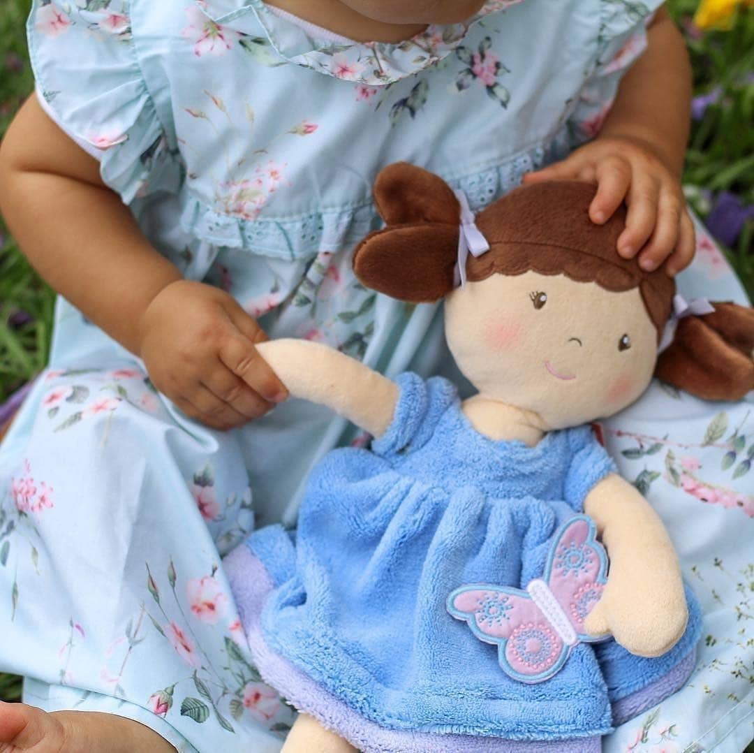 Personalized Plush Doll - Brown Hair with Blue Plush Dress - Pari - Tiny Tots Boutique