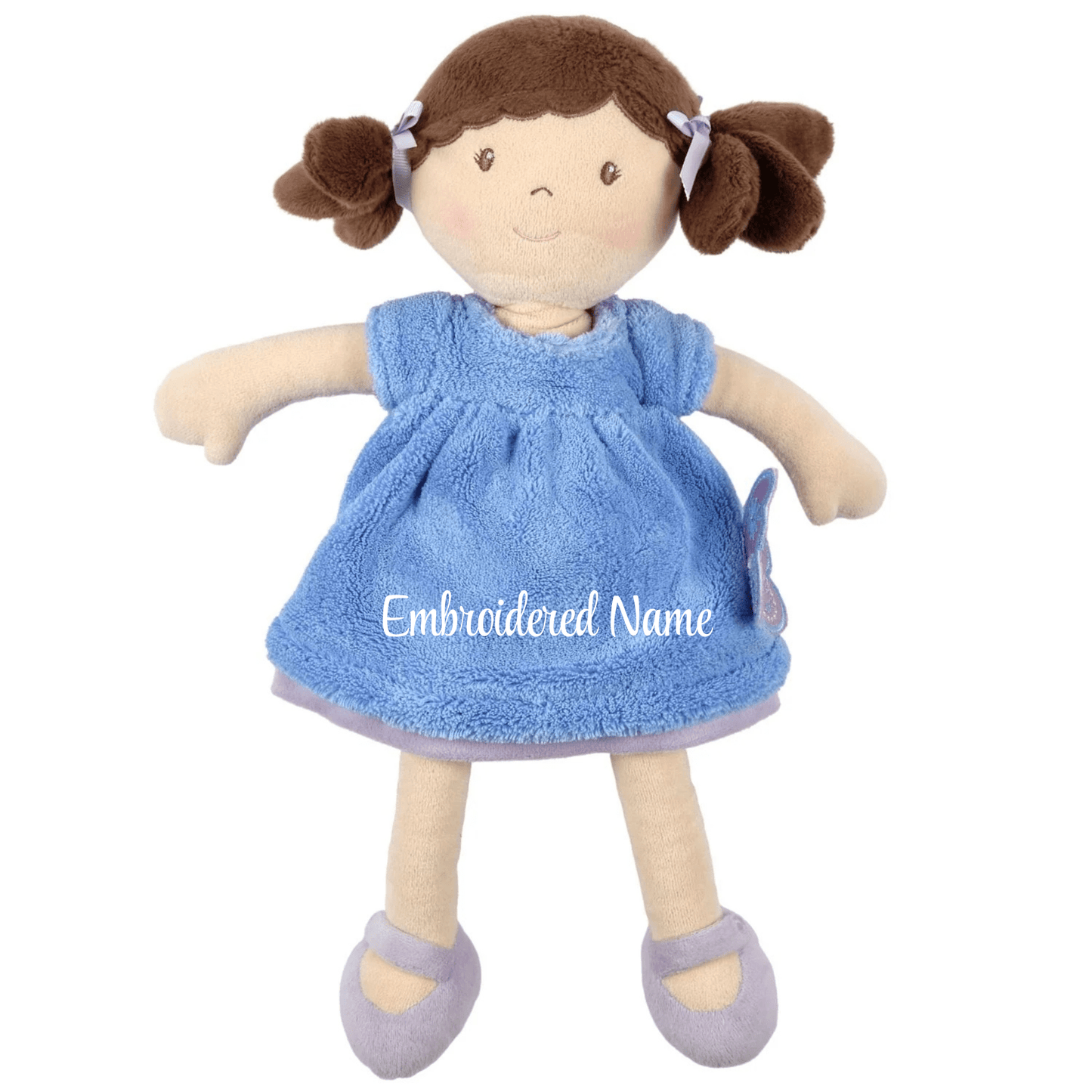 Personalized Plush Doll - Brown Hair with Blue Plush Dress - Pari - Tiny Tots Boutique