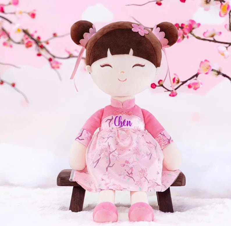 Personalized Plush Doll – Chinese Doll with a Pink Dress - Tiny Tots Boutique