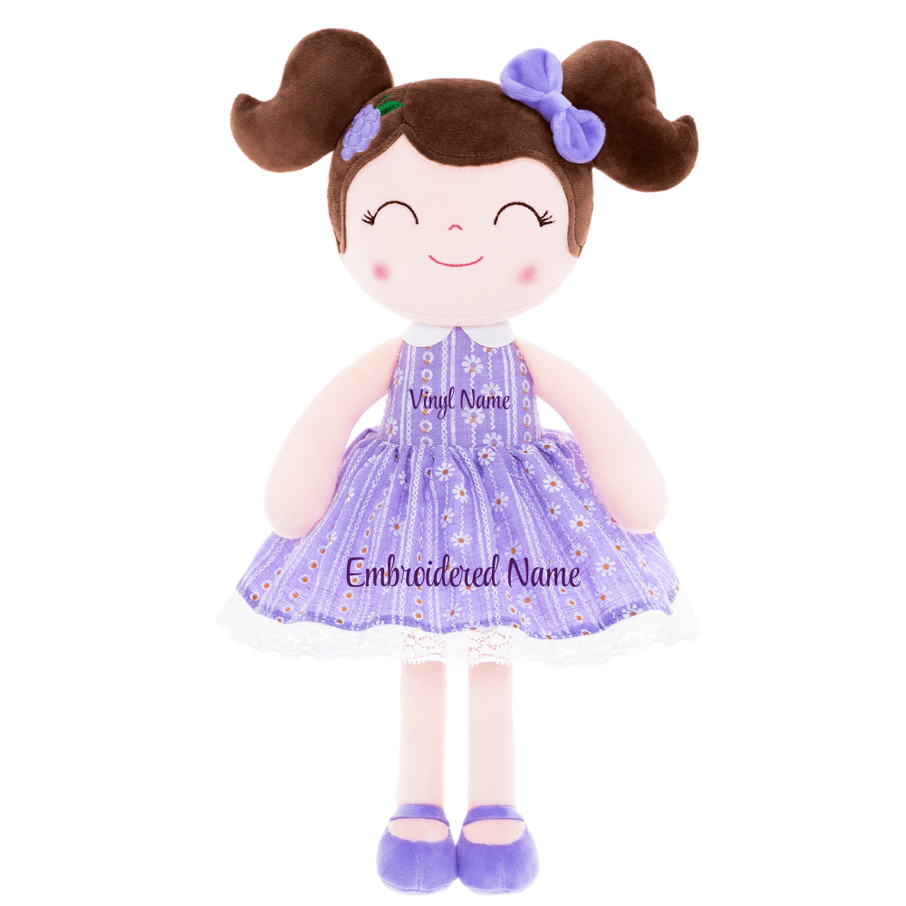 Personalized Plush Doll – Dark Brown Hair with a Lilac Dress - Tiny Tots Boutique