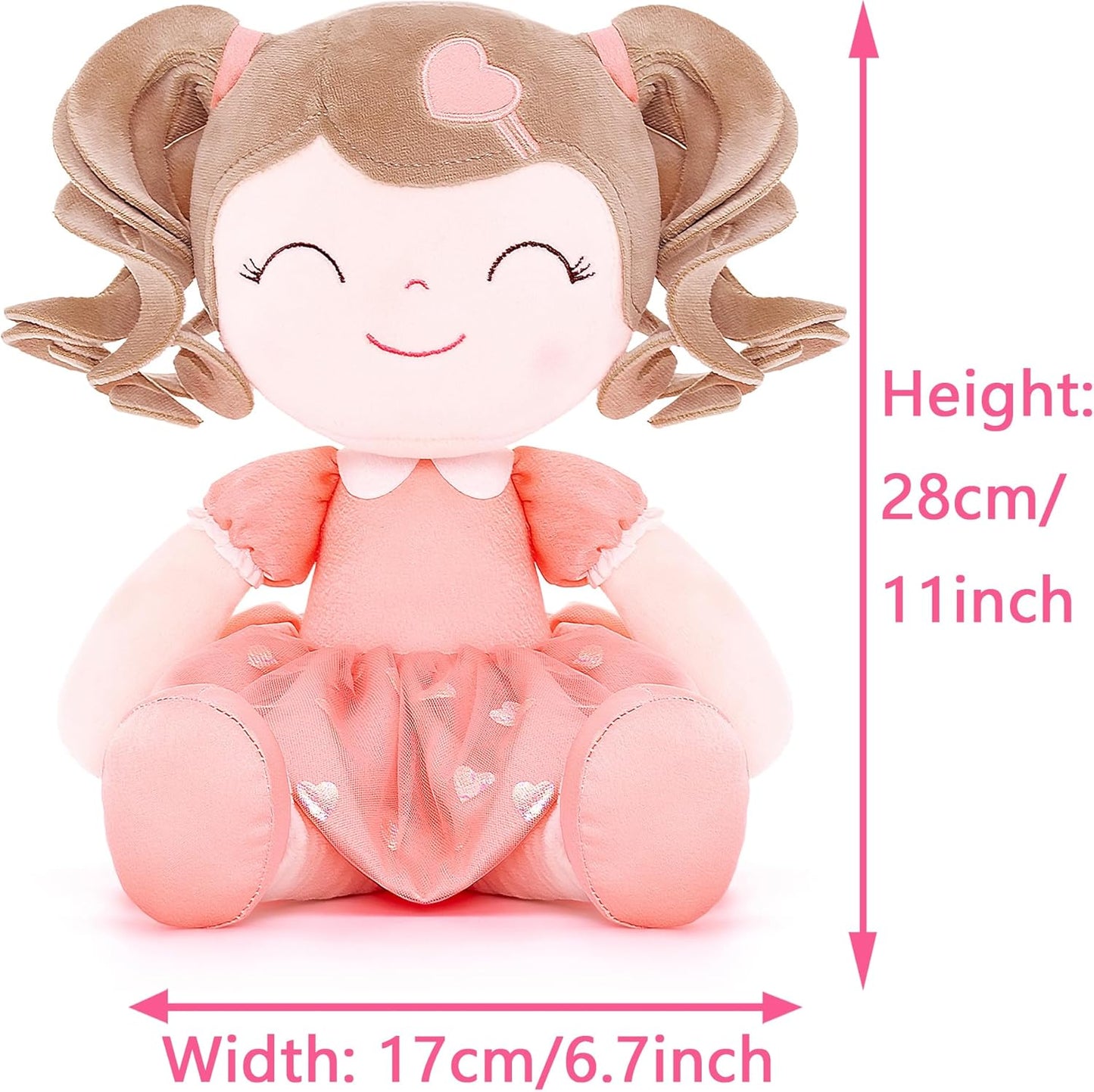 Personalized Plush Doll – Light Brown Curly Hair with a Coral Dress - Tiny Tots Boutique