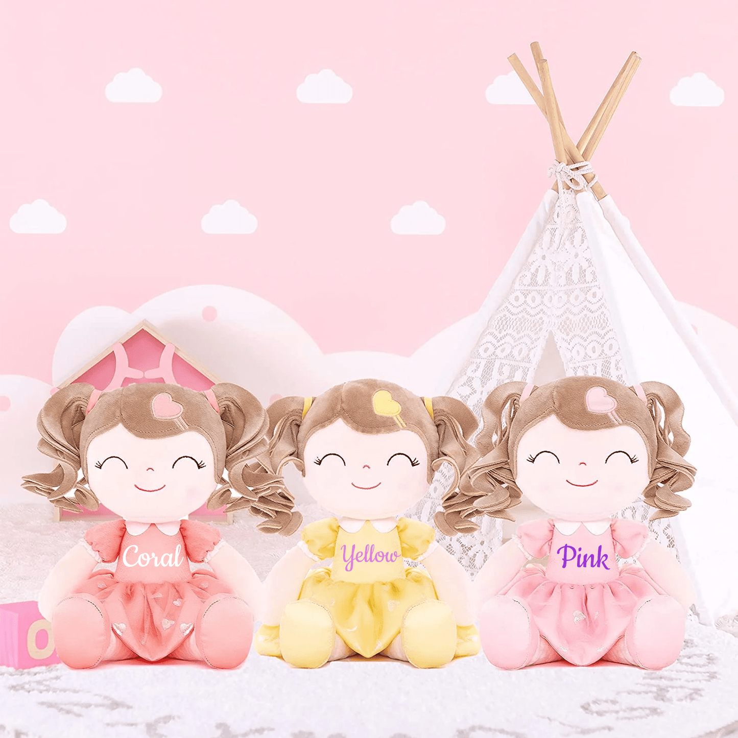 Personalized Plush Doll – Light Brown Curly Hair with a Pink Dress - Tiny Tots Boutique