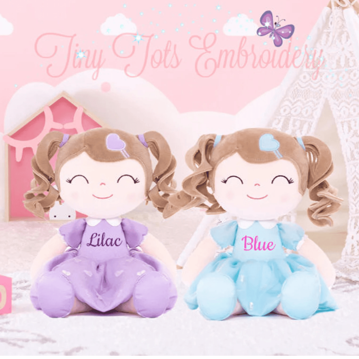 Personalized Plush Doll – Light Brown Curly Hair with a Pink Dress - Tiny Tots Boutique