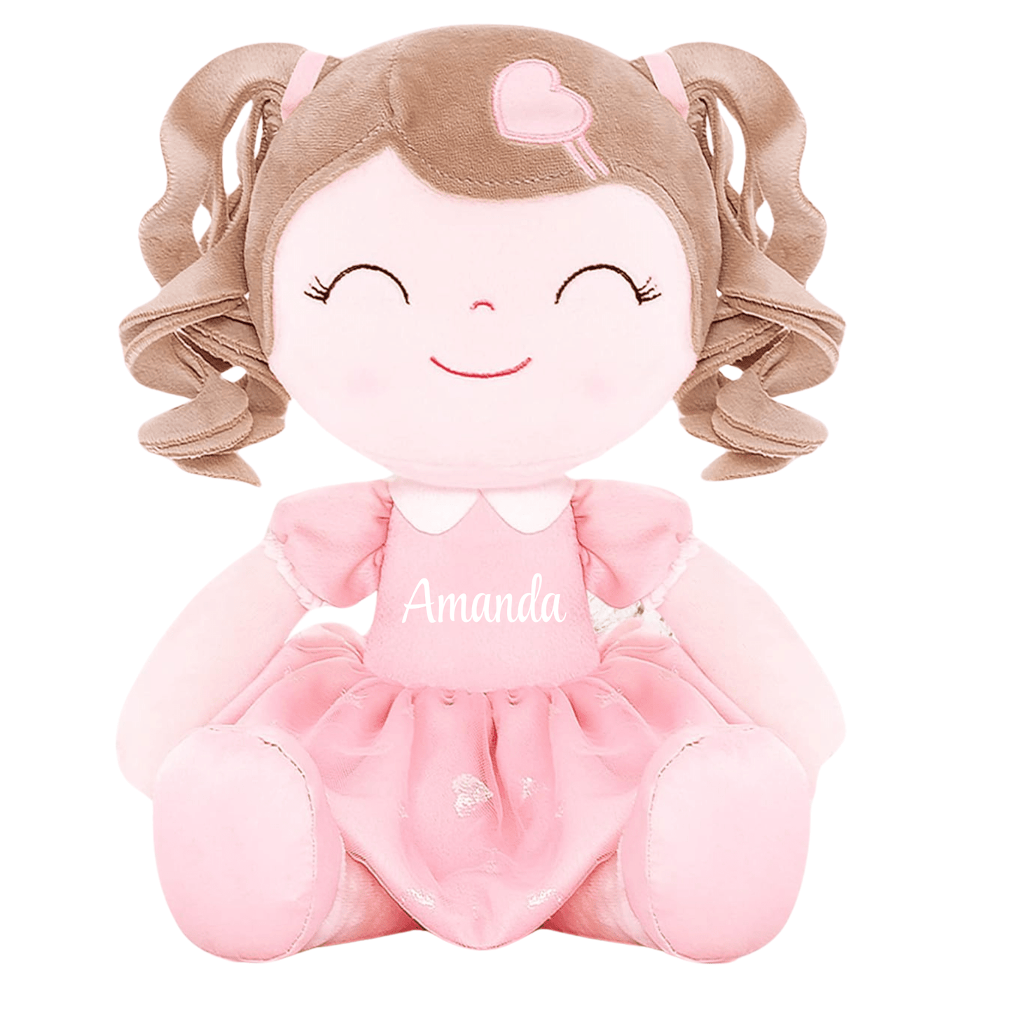 Personalized Plush Doll – Light Brown Curly Hair with a Pink Dress - Tiny Tots Boutique