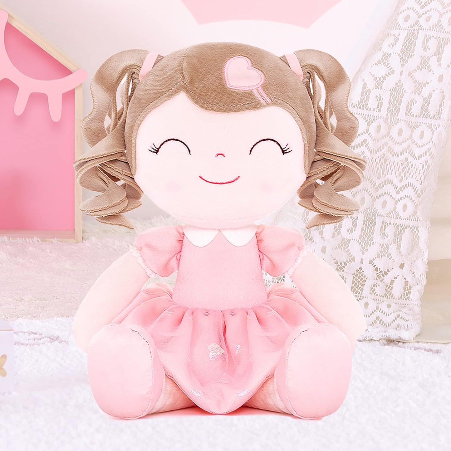 Personalized Plush Doll – Light Brown Curly Hair with a Pink Dress - Tiny Tots Boutique