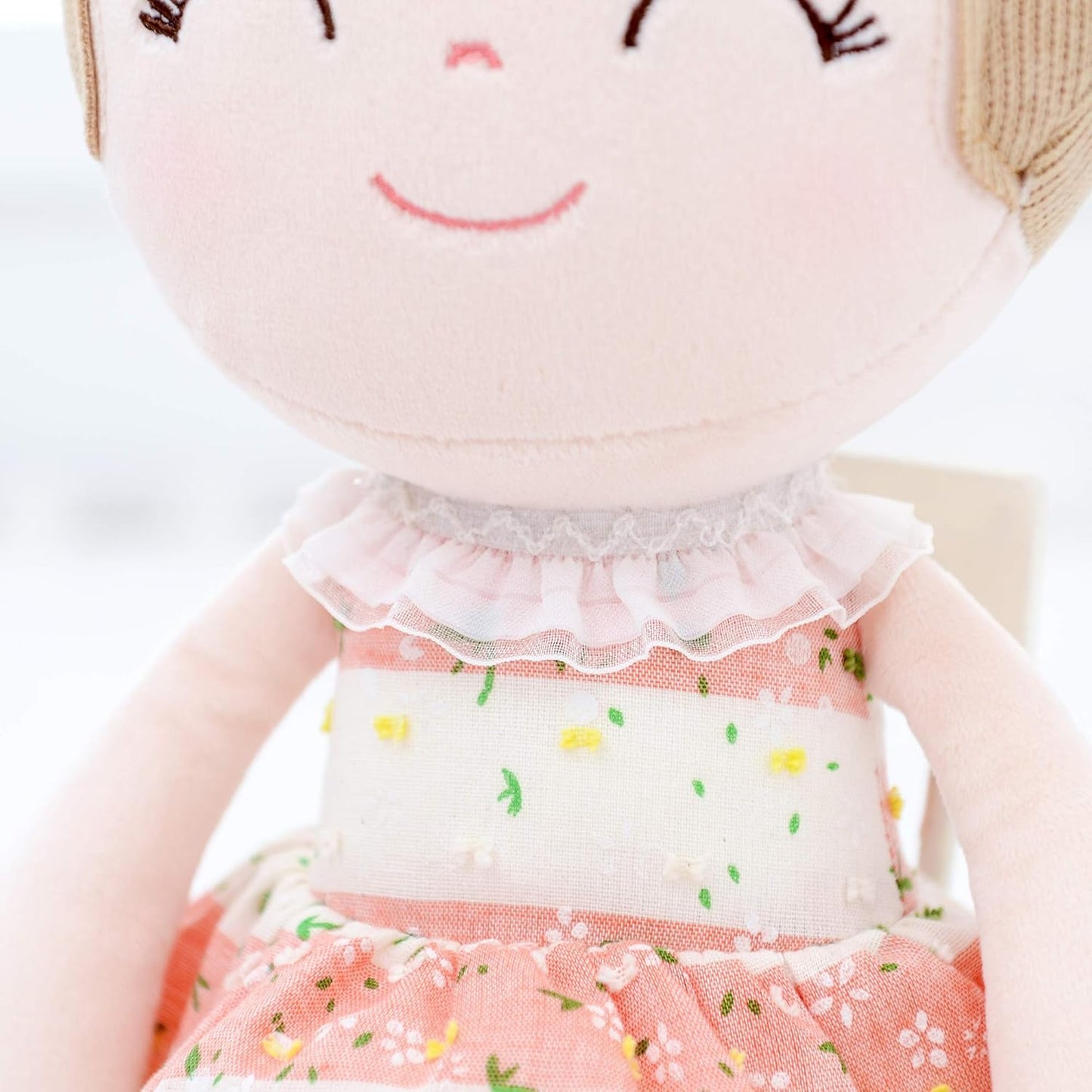 Personalized Plush Doll – Light Brown Hair with a Coral Stripe Dress - Tiny Tots Boutique