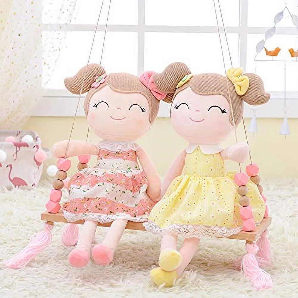 Personalized Plush Doll – Light Brown Hair with a Coral Stripe Dress - Tiny Tots Boutique