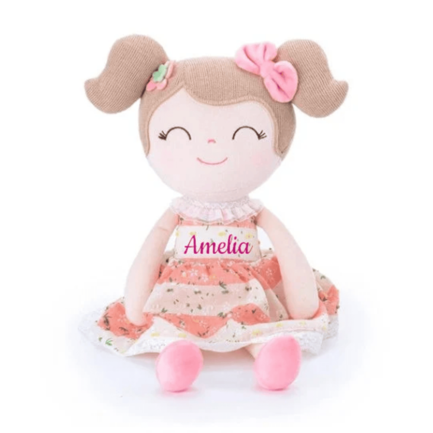 Personalized Plush Doll – Light Brown Hair with a Coral Stripe Dress - Tiny Tots Boutique