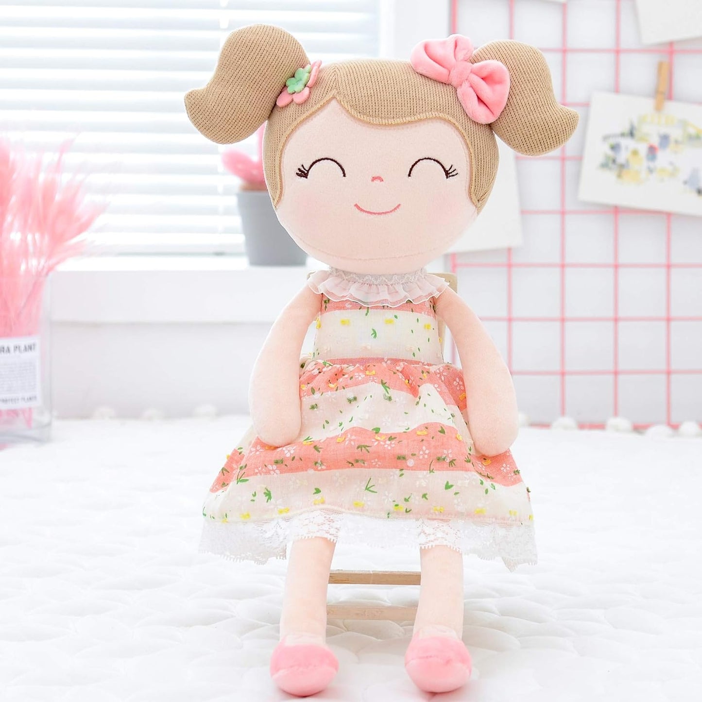 Personalized Plush Doll – Light Brown Hair with a Coral Stripe Dress - Tiny Tots Boutique