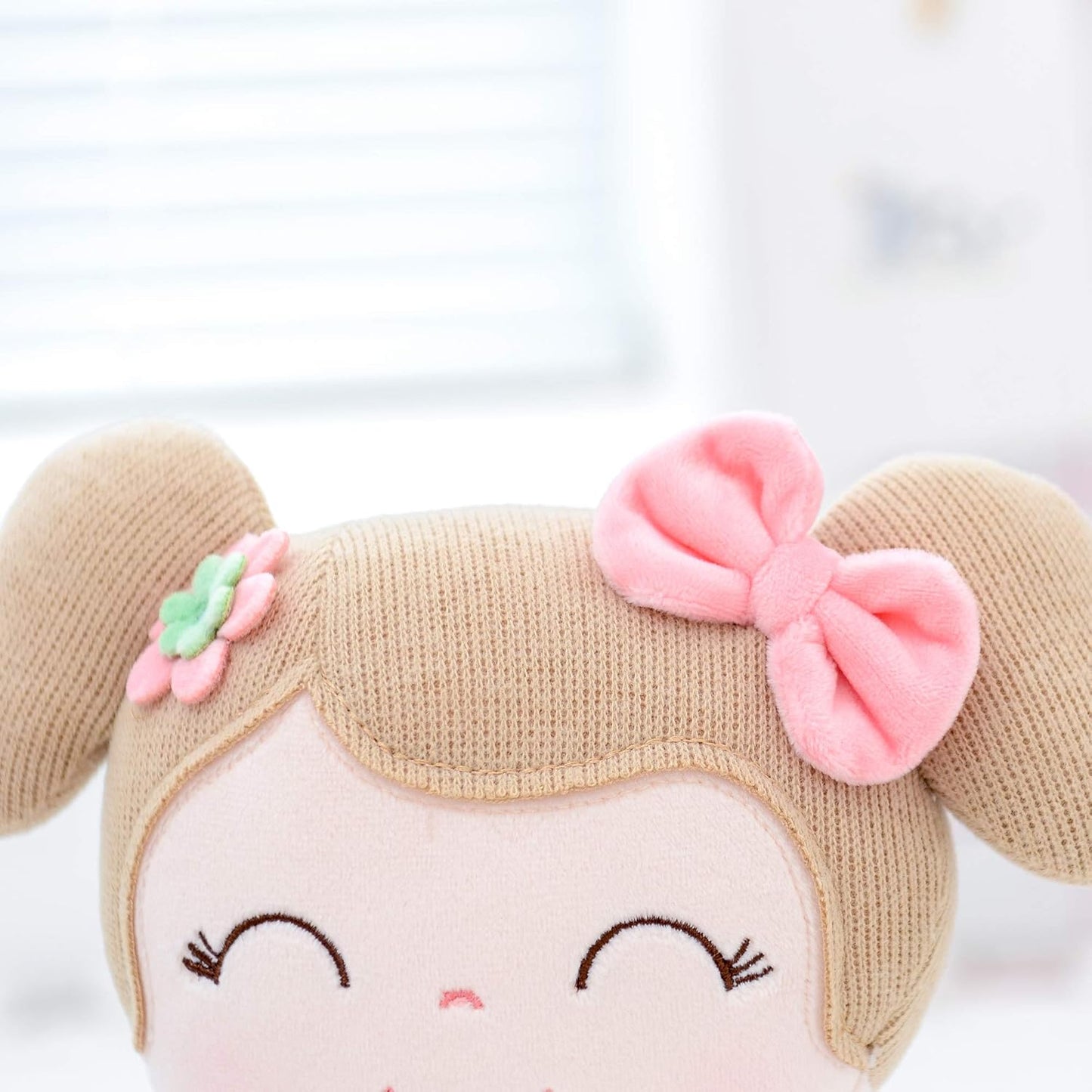 Personalized Plush Doll – Light Brown Hair with a Coral Stripe Dress - Tiny Tots Boutique
