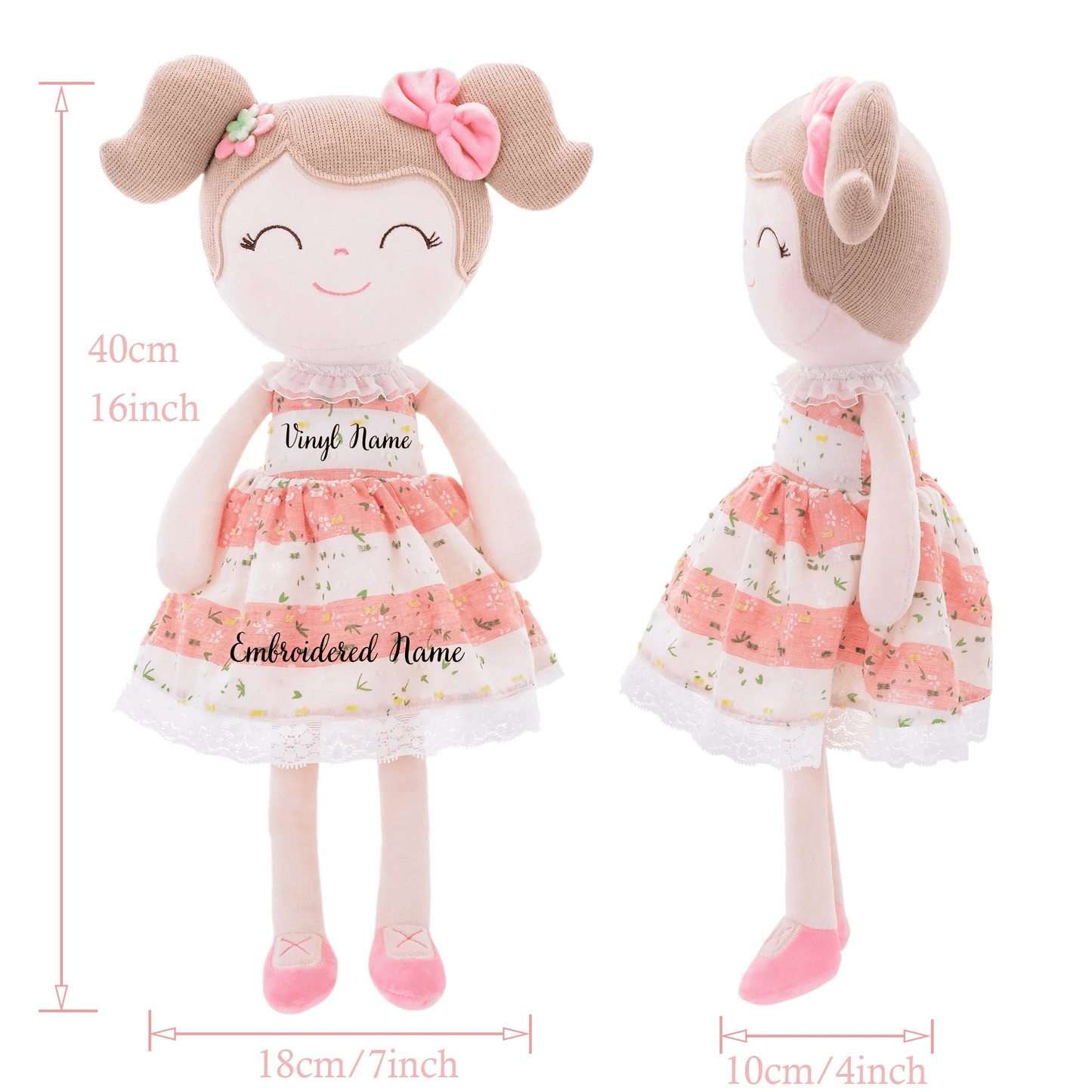 Personalized Plush Doll – Light Brown Hair with a Coral Stripe Dress - Tiny Tots Boutique