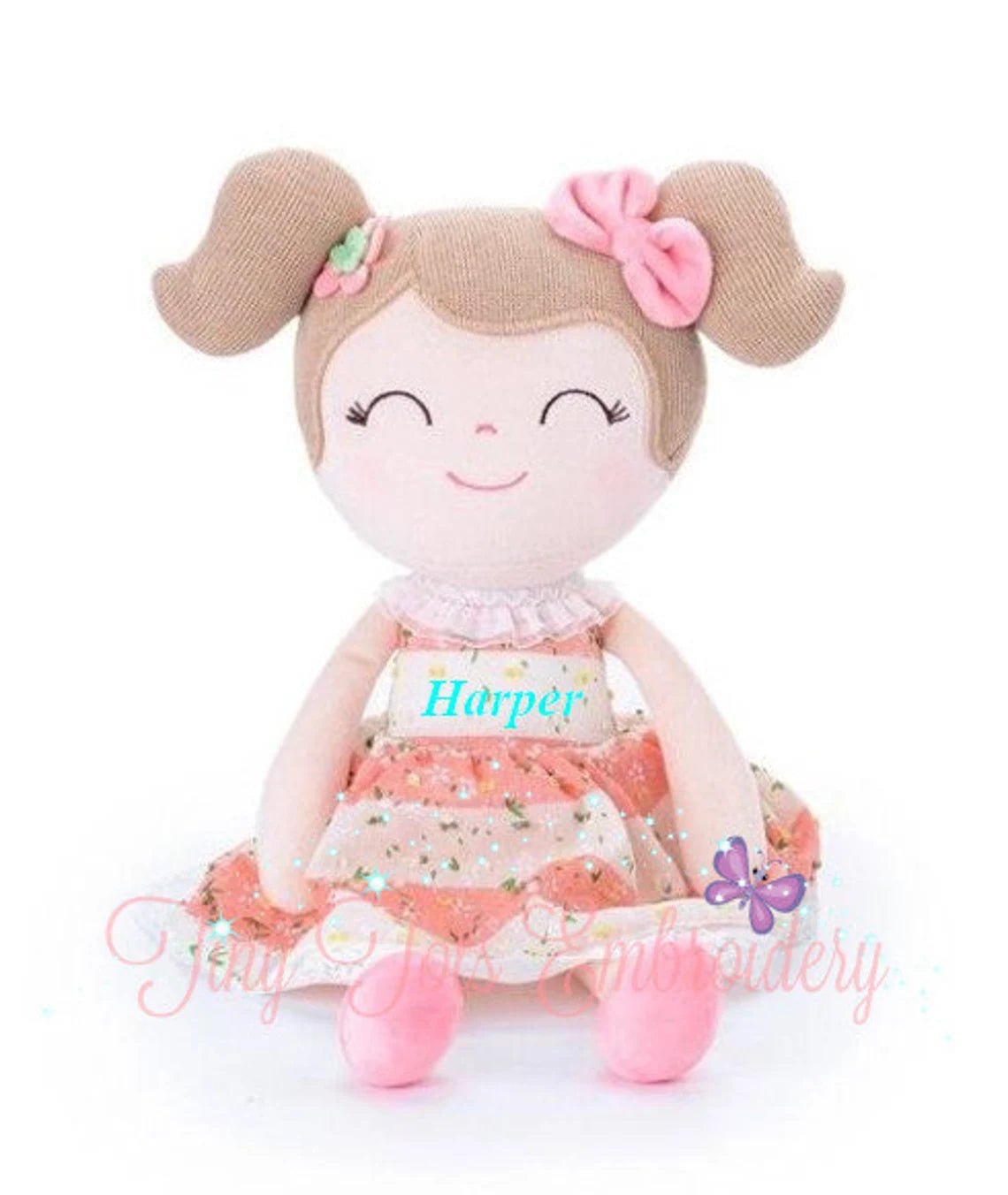 Personalized Plush Doll – Light Brown Hair with a Coral Stripe Dress - Tiny Tots Boutique