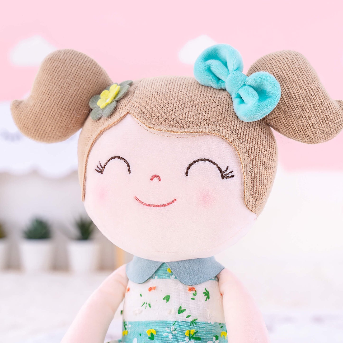 Personalized Plush Doll – Light Brown Hair with a Green Stripe Dress - Tiny Tots Boutique