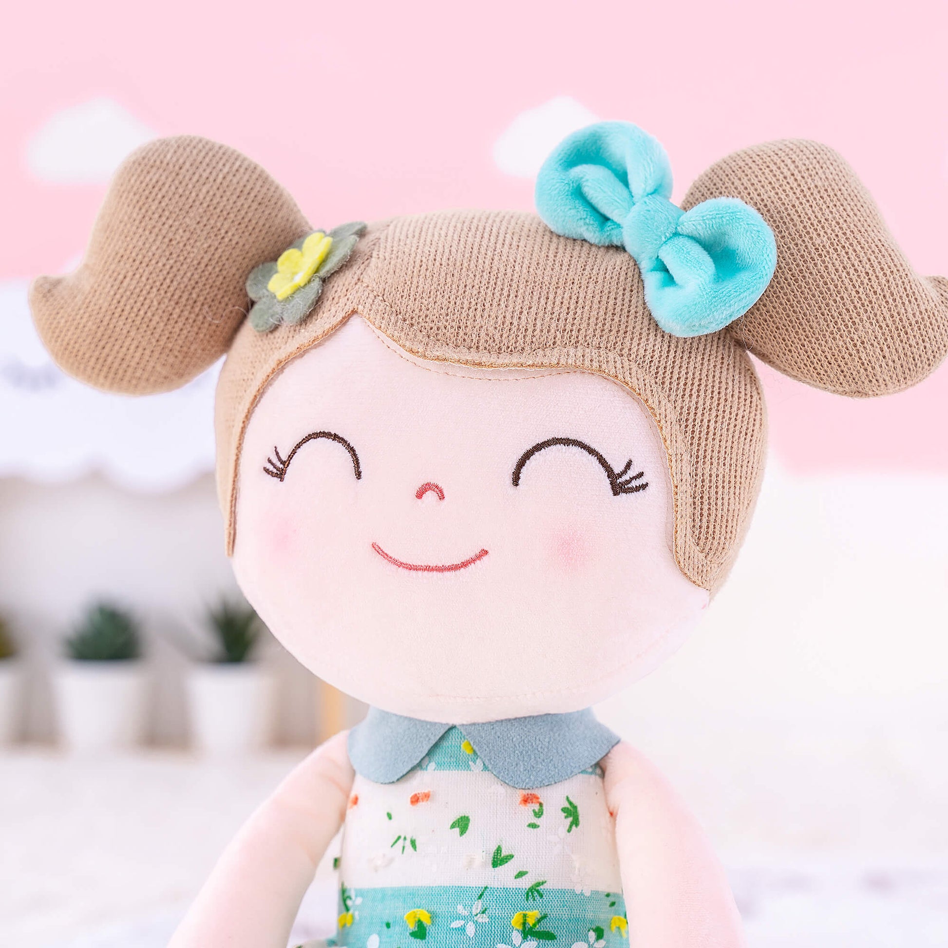 Personalized Plush Doll – Light Brown Hair with a Green Stripe Dress - Tiny Tots Boutique