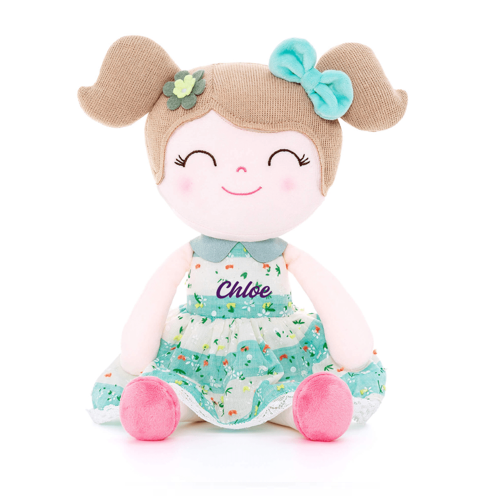 Personalized Plush Doll – Light Brown Hair with a Green Stripe Dress - Tiny Tots Boutique