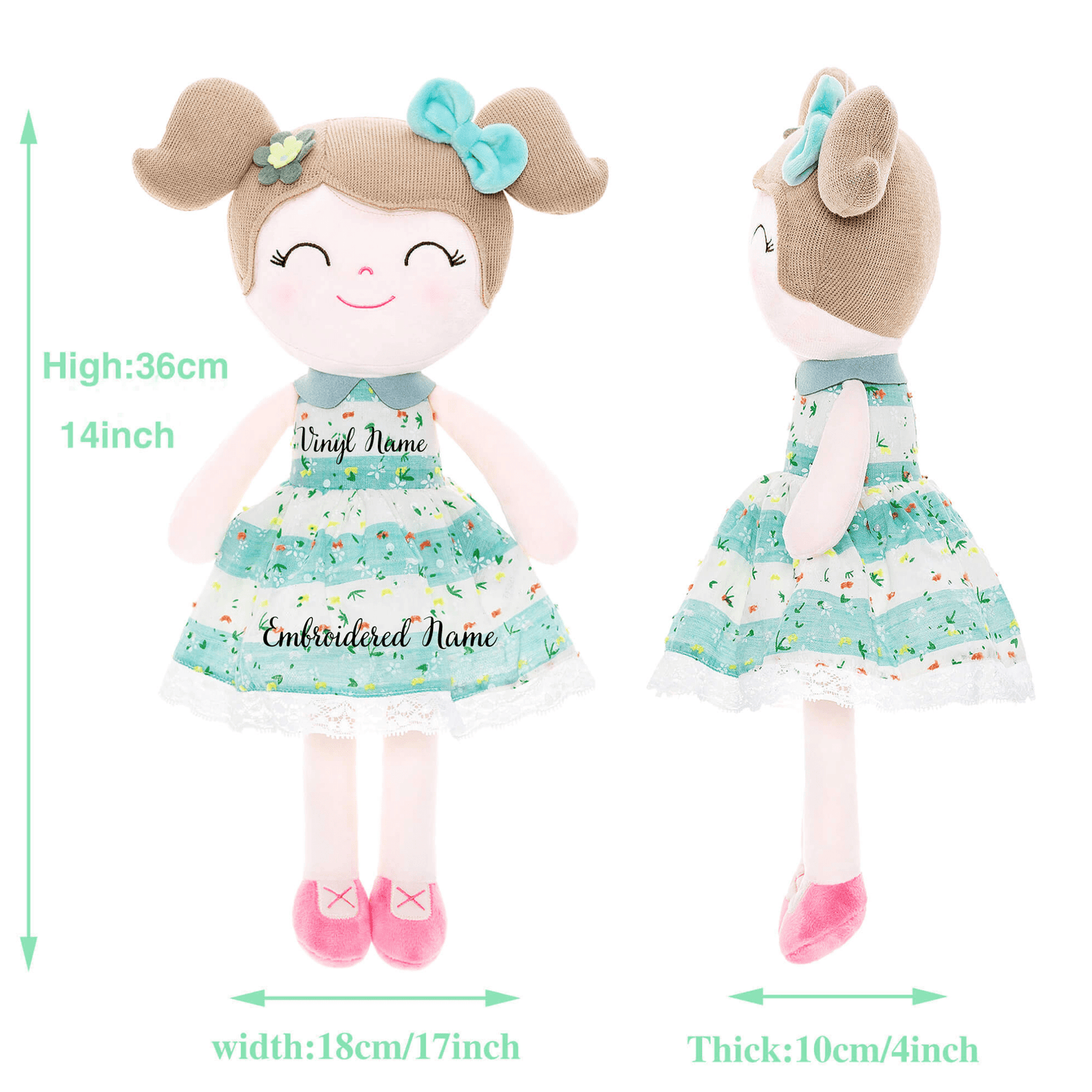 Personalized Plush Doll – Light Brown Hair with a Green Stripe Dress - Tiny Tots Boutique