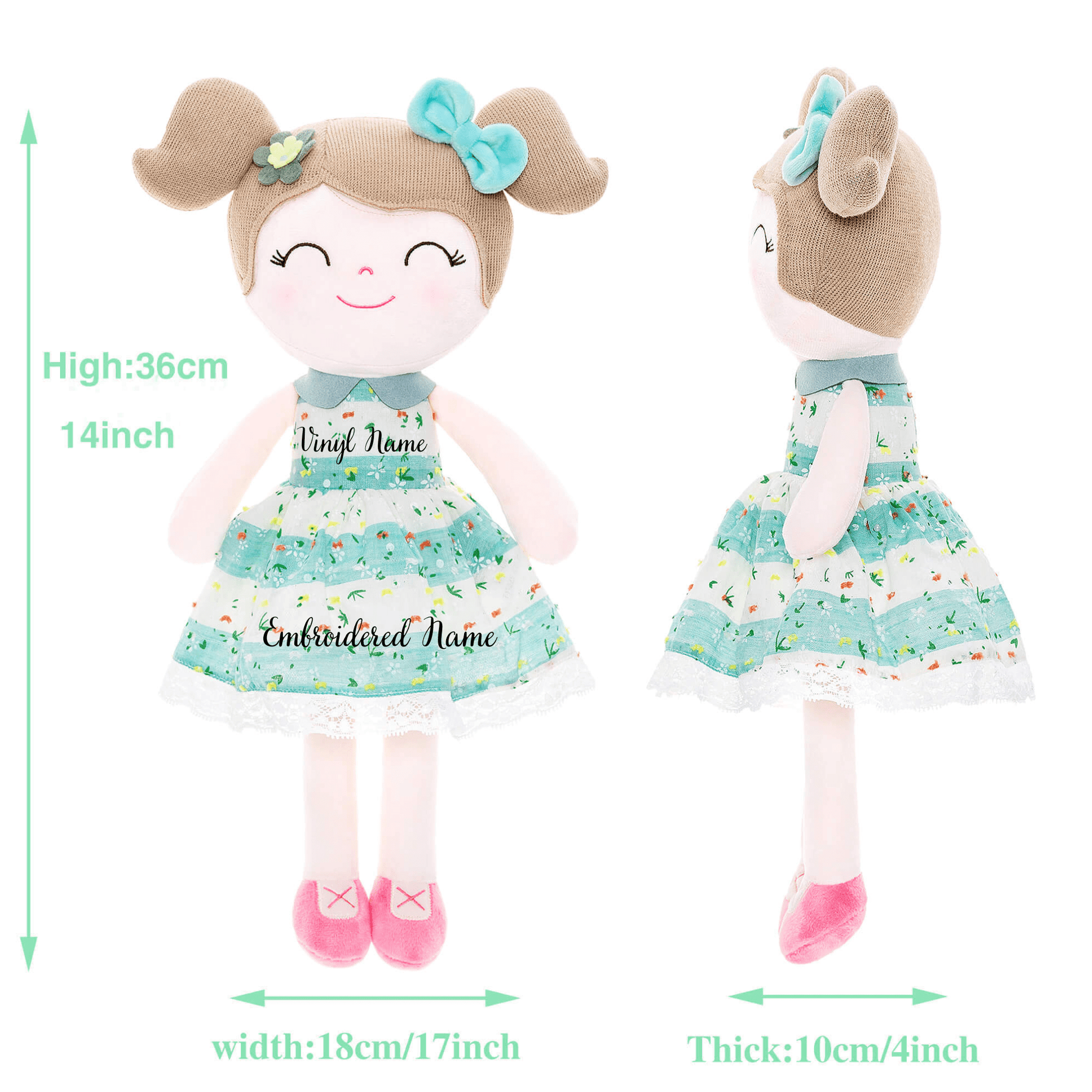 Personalized Plush Doll – Light Brown Hair with a Green Stripe Dress - Tiny Tots Boutique