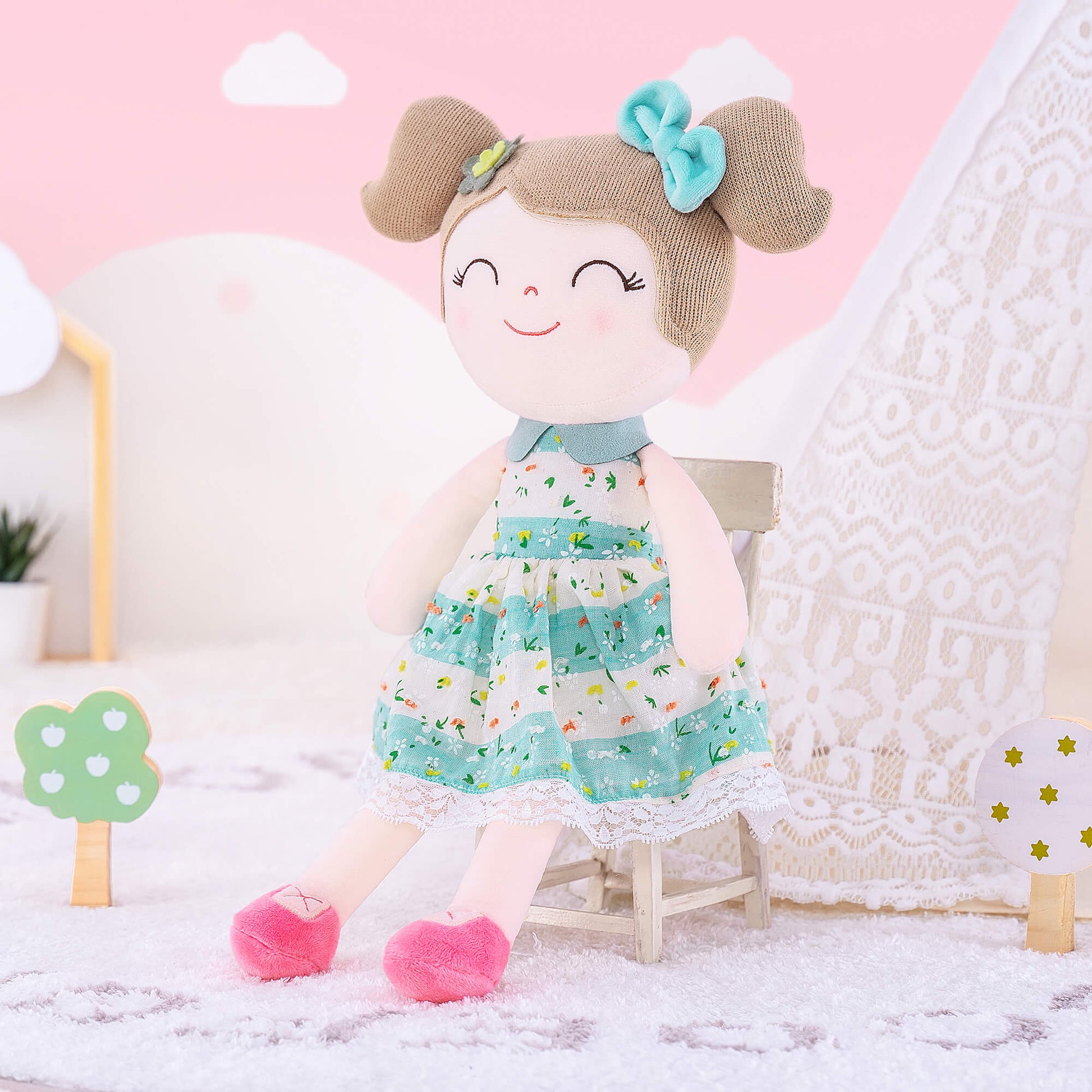 Personalized Plush Doll – Light Brown Hair with a Green Stripe Dress - Tiny Tots Boutique